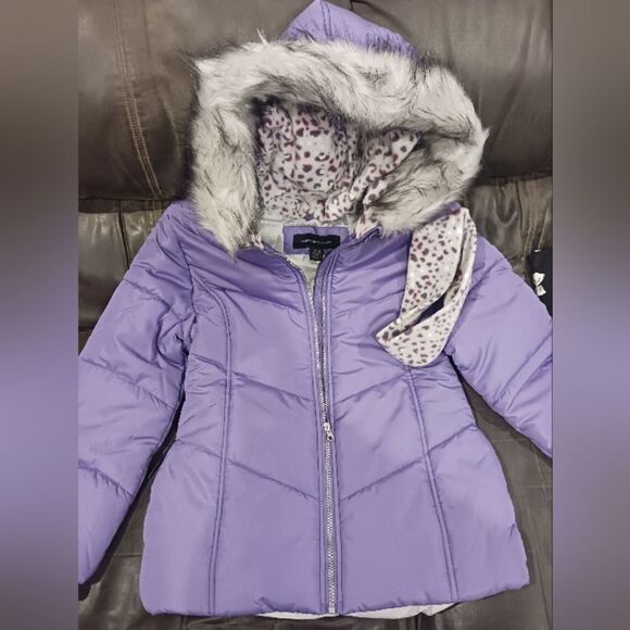 Weather Tamer Girls Purple Coat with Faux Fur Trim & Matching Headband - Picture 3 of 8
